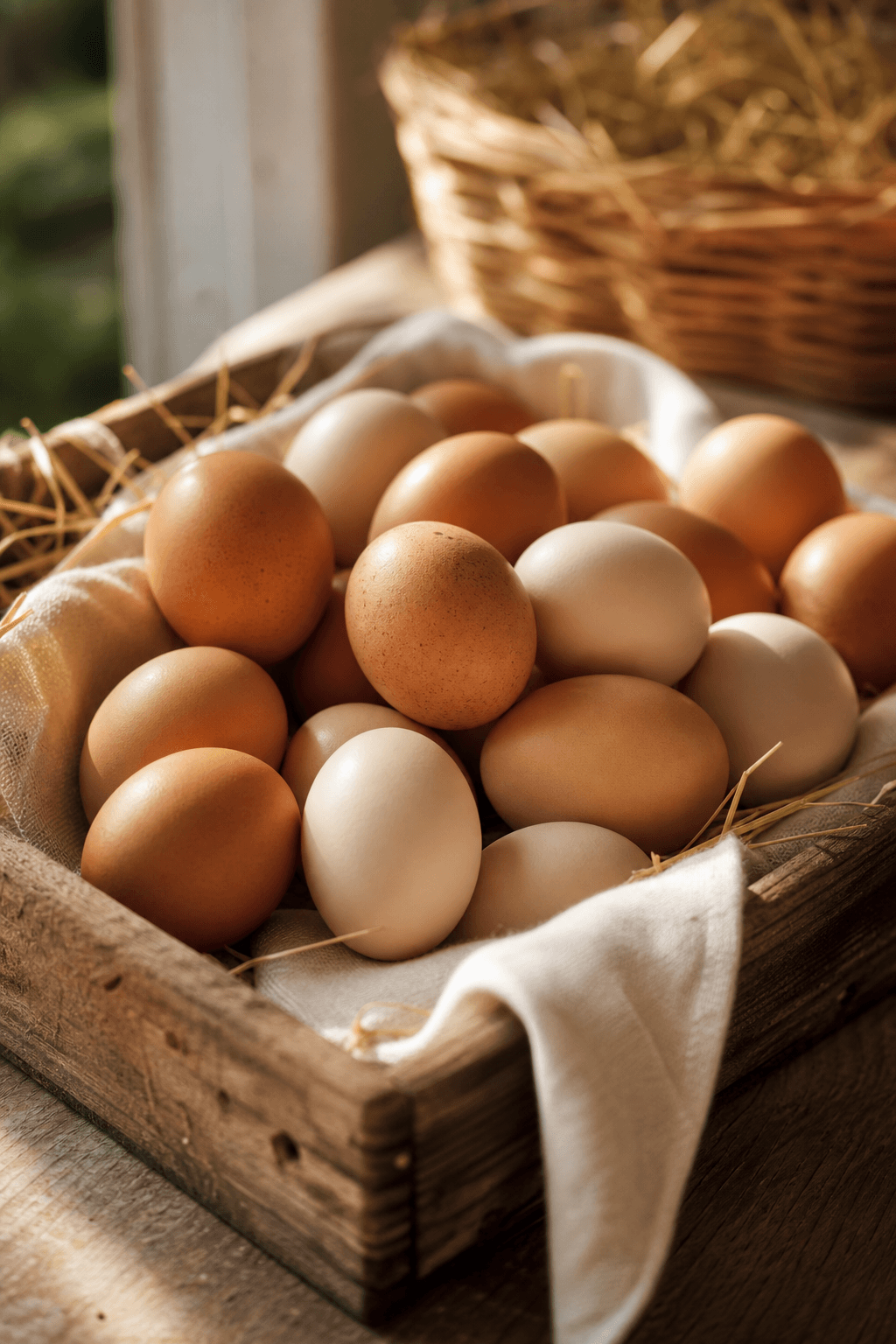 Fresh eggs arranged in a wooden crate