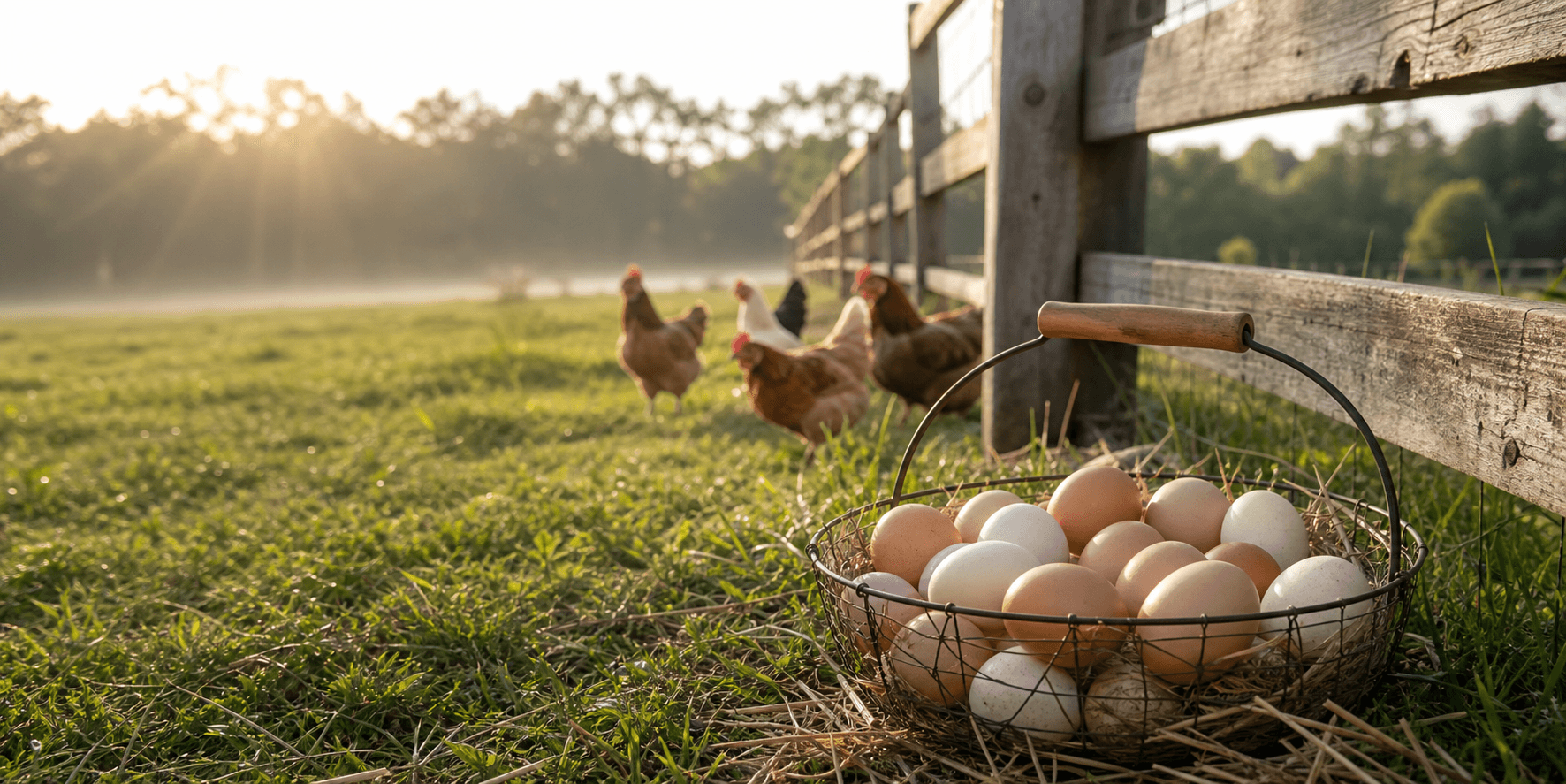 Farm eggs in a basket near a pasture fence