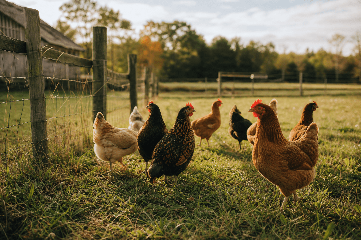 Chickens near a pasture fence on a small farm